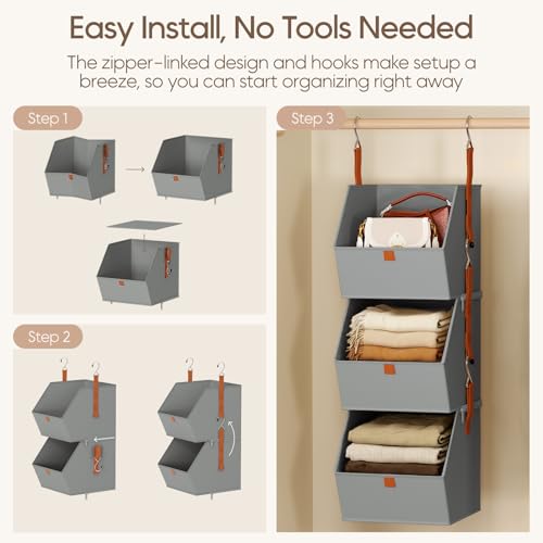 Image of Homsorout Collapsible Hanging Closet Organizer - 3 Tier Closet Shelves Storage System with Hooks, Fabric Hanging Storage Bins for Clothes, Foldable Storage Basket for Laundry, Bedroom, Rv, Grey