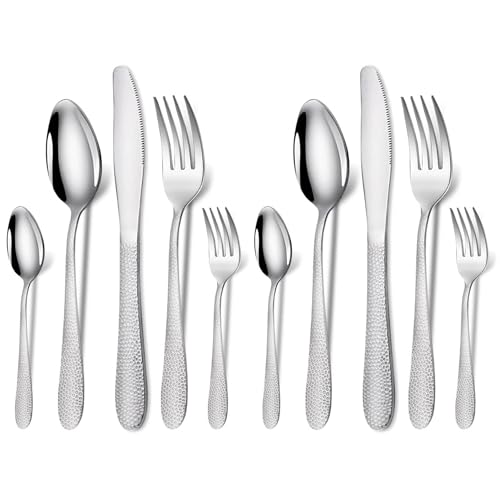 Image of aDai Hammered Sterling Silver Silverware Set | 10-Piece Premium Stainless Steel Flatware Set | Dishwasher Safe Cutlery Set for Home, Restaurant & Gifting