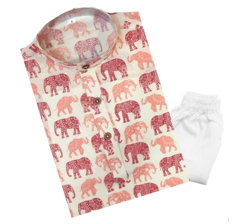Image of TinySteps Boys Cotton Kurta Pajama | Traditional Ethnic Wear Pure Cotton Printed Kurta With Elastic Waist White Pajama
