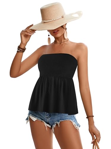 Rooscier Women's Smocked Tube Tops Ruffle Hem Sleeveless Peplum Bandeau Strappy Cami Tank3