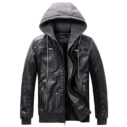 WULFUL Men's Casual Faux Leather Jacket with Removable Hood Pu Winter Outwear, Black, Medium