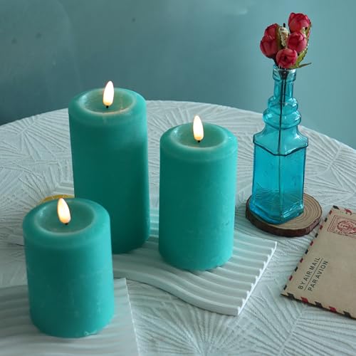 Image of CANDLE CHOICE Real Wax Battery Operated Flameless Candles with Remote Automatic Timer Realistic Flickering Electric LED Pillars Wedding Party Holiday Decorations 3 Pack Rustic Texture Peacock Blue