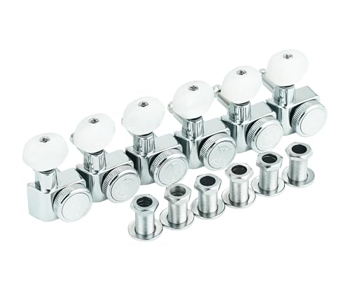 Image of Guyker 6 In-line Guitar Locking Tuners - 1:18 Lock String Tuning Key Pegs Machine Heads for Folk Classical Acoustic Electric Guitar - Pearl Buttons, Chrome