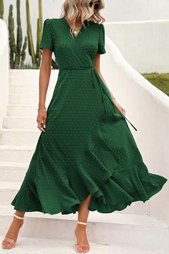 Image of PRETTYGARDEN Women's Summer Wrap Maxi Dress Casual Boho Floral V Neck Short Sleeve Ruffle Hem Split Beach Long Dresses