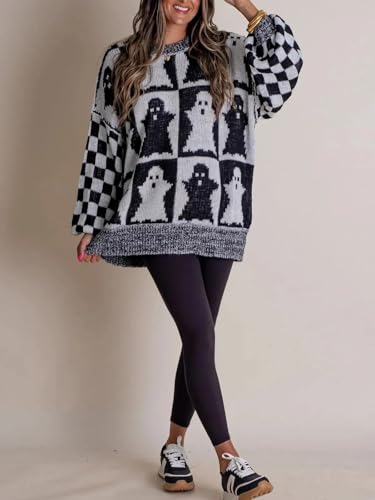 Women's Pullover Sweater Loose Long Sleeved Halloween Ghost Plaid Sweater2
