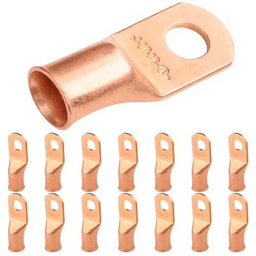SELTERM 15pcs 2/0 AWG 3/8" Stud - UL Heavy Duty Battery Terminal Connectors, Bare Copper Battery Cable Lugs, 00 Gauge Wire Connectors, Electrical Battery Cable Ends, Ring Terminals Copper Lugs