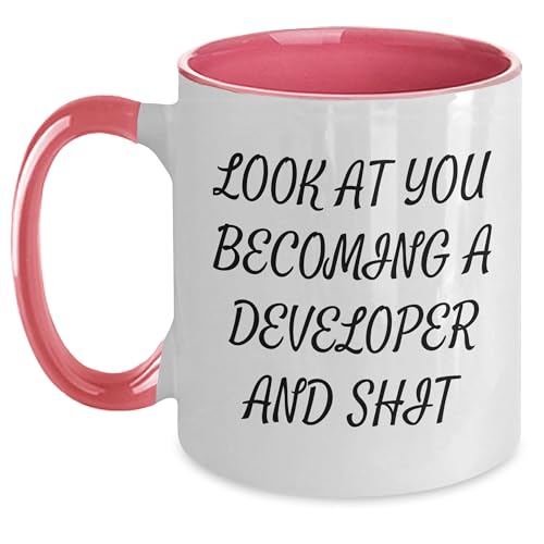 Funny Developer Two Tone Coffee Mug Gift for Becoming a Pro, Happy Birthday Wishes from Friends to Coworkers, Inspirational Quote Look at You Becoming a Developer and Shit