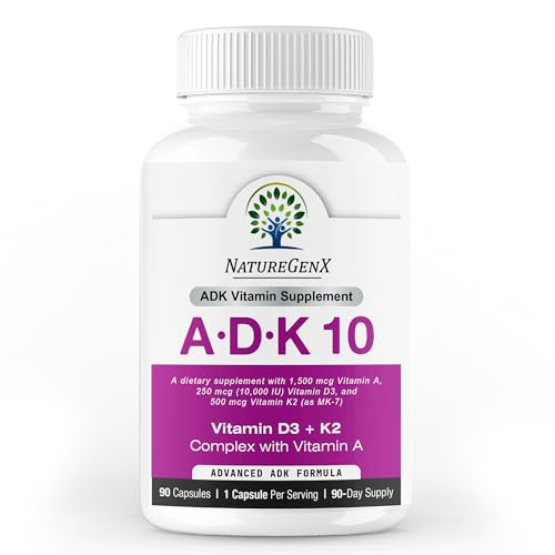 NatureGenX ADK10 Vitamins A D3 250 mcg & K2 MK-7 for Bone Heart & Immune Health Non-GMO Gluten-Free Soy-Free 90 Capsules (3-Month Supply)