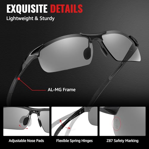 Image of TJUTR Mens Photochromic Sunglasses Day & Night Driving Z87 Sun Glasses Polarized UV400 Protection Safety Glasses