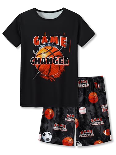 Beezizac Pajamas For Little Big Boys Cool Black Basketball Short Sleeve 2-PC Cozy PJ Set Kid Size 16