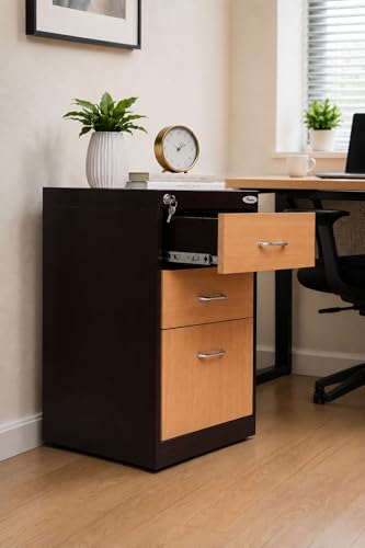 Image of Shubham Furnitures 3 Drawer Steel Pedestal Cabinet | Lockable Powder Coated Filing Cabinet for Files, Documents & Stationery | Office Storage Unit (Brown, Pedestal with Levellers)