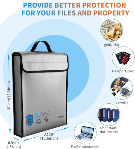 TuoBak's Fireproof Document Bag,Large Capacity Solid Silicone Coated Fireproof Document Box 15.8" x 12.6" x 2.5",Fireproof Document Holder with Zipper Closure for Documents Jewelry