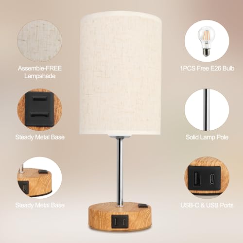 Novus Lighting NV-TL0001-00 Touch Table Lamp - 3 Way Dimmable Bedside Table Lamp With Usb-C Usb-A And Ac Charing Ports Wood Grain Base With Linen Lampshade Free E26 Bulb Included  thumb #4