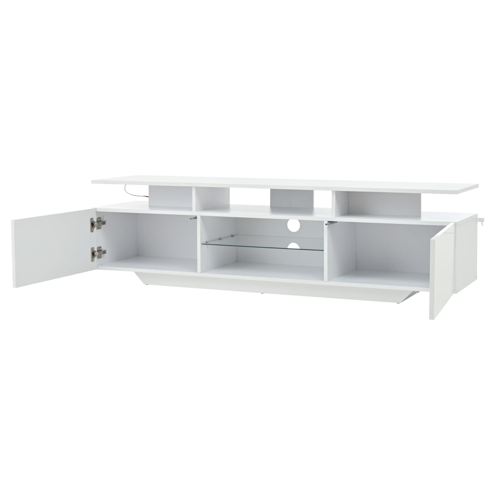 Meuble TV Blanc 160x40x45cm,Meuble Tele Brillant avec éclairage LED Réglable,2 Armoires,8 étagères,pour Téléviseurs D'environ 70 Pouces (I)