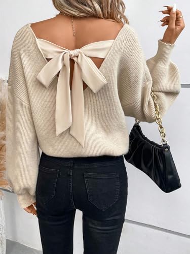 Image of ZAFUL Women's Cropped Sweater V-Neck Long Sleeve Pullover Jumper Knit Top | Crop Length, Ribbed Knit, Double V design, White sweater, Raglan sleeves, lantern sleeve, Fall & Winter, Loose fit, Oversized