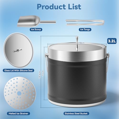 3.2 L Insulated Ice Bucket with Lid & Tongs & Scoop & Melt Filter, Champagne Bucket, Double Wall Stainless Steel Ice Bucket with Leather Case, Suitable for Cocktails & Wine & Beer - Image 3