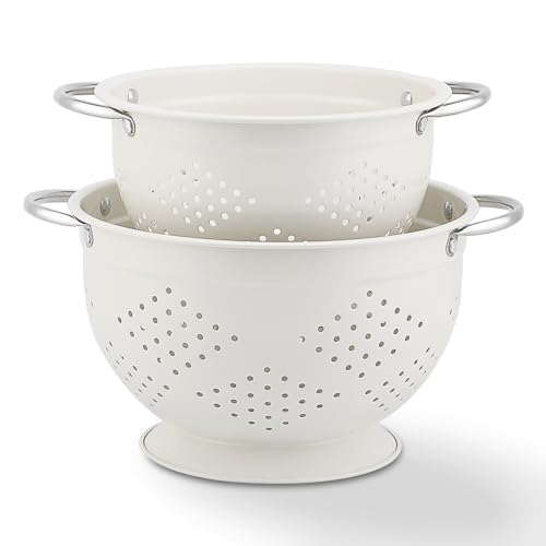 Rorence Powder Coated Steel Colanders: 3 Quart and 5 Quart Set of 2 – White