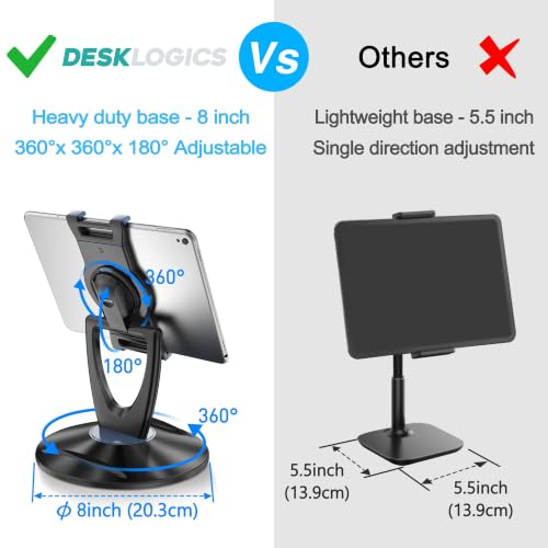 DeskLogics iPad Tablet Stand Holder for Desk - 6 inch to 13 inch - Stable, Adjustable - 360° Swivel Angle Pen Phone iPad Stand for Store, Retail Kiosk, Reception, Home Office, Gift Ideas - Black - Image 2