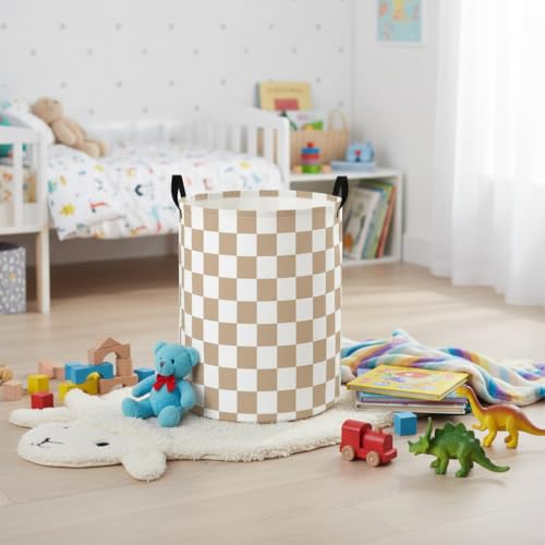 Image of Baby Laundry Hamper Basket Baby Hamper for Nursery Boy and Girl Cute Storage Bin Organizer Boho Room Decor(Brown Checkered)