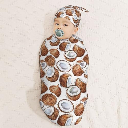 Image of Watercolor Coconuts Newborn Swaddle Blankets Hat Sets Soft Baby Receiving Blanket Swaddle Sack for Baby Shower Infant Boy Girl Gift