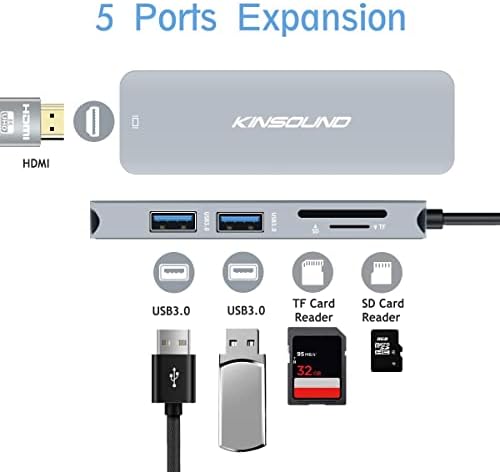 USB Hub,Kinsound 7-in-1Type C Hub, Multi-ports plug adapter with 4K HDMI, USB 3.0 Data Transfer,USB-C Power Delivery, SD/TF Card Reader,Compatible with MacBook Air/Pro,Laptop,More Type C Devices