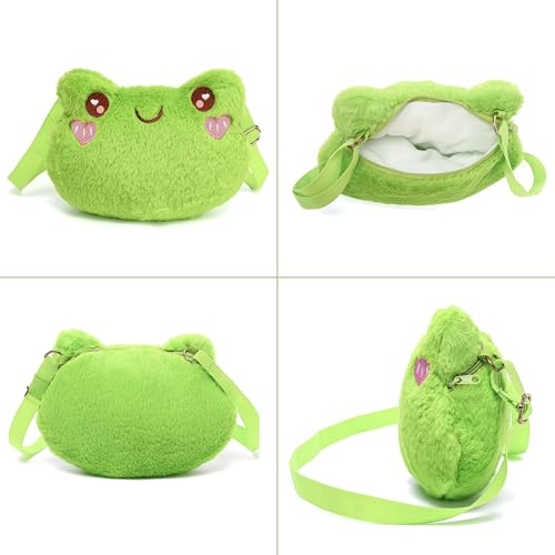 Image of Cute Frog Crossbody Bag for Women - Kawaii Fluffy Purse Small Novelty Purse Stuffed Animal Bag with Adjustable Strap (Green) | Soft Cotton Blend