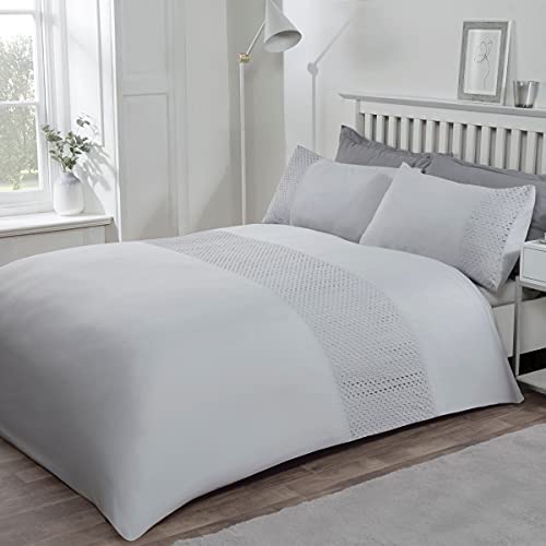 Sleepdown Lace Panel Band Border Silver Grey Luxury Soft Easy Care Duvet Cover Quilt Bedding Set with Pillowcases-Double (200cm x 200cm), Polyester