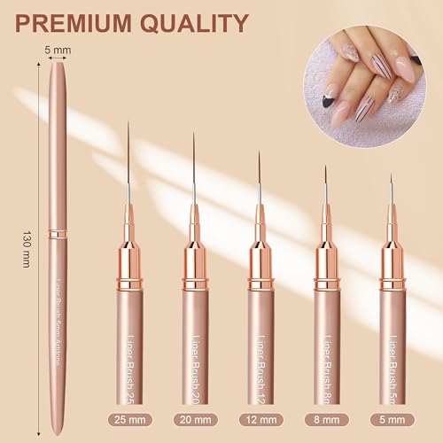 Image of Artdone Metallic Nail Art Pens, Liner Brushes Set, 5PCS Gold Nail Tools | For Long Lines, Thin Details, Fine Drawing, Liner Brush UV Gel Polish Painting Nail Design Sizes 5 /8 /12 /20 /25mm