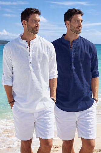 Image of Men's Cotton Blend Straight Kurta Shirt Combo with Mandarin Collar - Slim Fit Casual Short Kurti Set Featuring Textured Slub Fabric and Roll-Up Full Sleeves