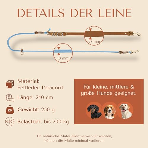 FAMBLANETIA Hundeleine Leder (2,4m), Paracord | mittelgroße, große & kleine Hunde | Geflochtene Führleine zum Umhängen | 2 Karabiner verstellbar | Hochwertig Fettleder handgemacht braun blau Luxus Tau