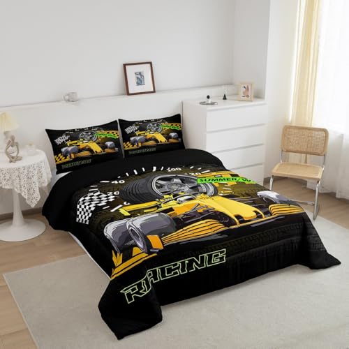 Image of Feelyou Kids Yellow Race Car Comforter Set Queen Size, Racing Car Bedding Set Karting Road Duvet Insert Boys Girls Teens Bedroom Decor 3Pcs