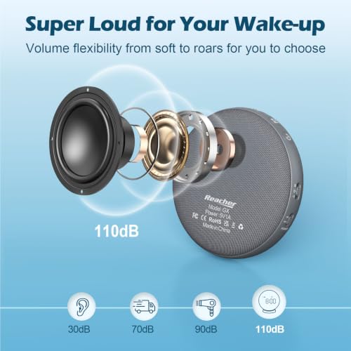 Image of REACHER Super Loud Vibrating Alarm Clock for Heavy Sleepers Adults & Teens, Cordless Under-Pillow Bed Shaker Alarm, Rechargeable Battery Powered Travel Clock, Auto-Dim Display