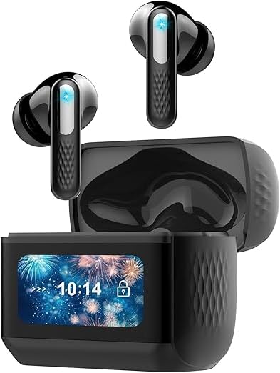 Auriculares Inalámbricos con Pantalla Táctil LED, 2026 Auriculares Bluetooth 5.4 HiFi Estéreo con HD Mic, 48H Cascos Inalambrico con Reducción de Ruido ANC+ENC, 5 Modos EQ, IP7 Impermeable, Negro