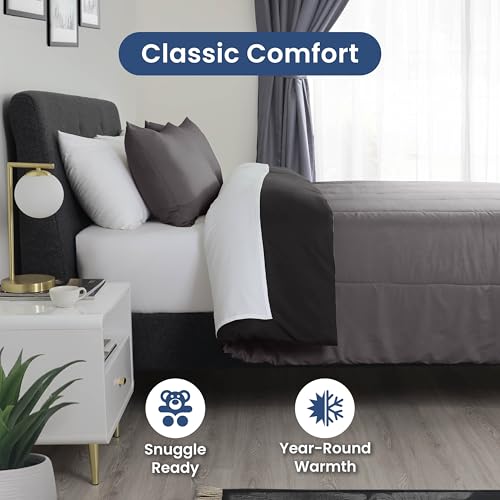 Image of Martex 3-Piece Reversible Comforter Set, Full /Queen, Graphite /Ebony | Versatile Room Decor, Lightweight, Durable Bedding, Machine Washable, Super Soft