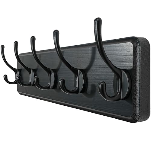 WEBI Percheros Pared Madera 44cm Colgador Pared Percha Pared Colgadores Pared 5 Ganchos Para Abrigos Chaqueta Negro