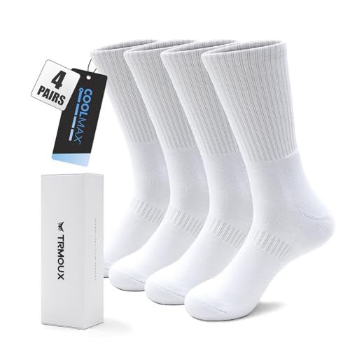 Athletic Socks White Crew Socks for Men & Women Moisture-Wicking Coolmax Cushion Compression Basketball Socks, 4-Pack