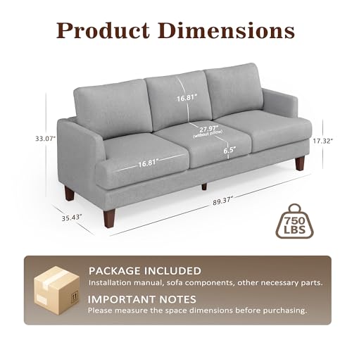 Image of Gericco Mid Century Modern 89 inch 3-Seater Couch for Living Room, Light Grey