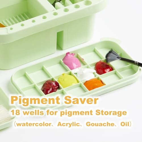 Image of SEVENY Paint Brush Washer Basin with Lid, Green | Artist Brush Cleaning Container, Includes Sponges, For Oil Painting, Acrylic, Watercolor, Studio Organizer
