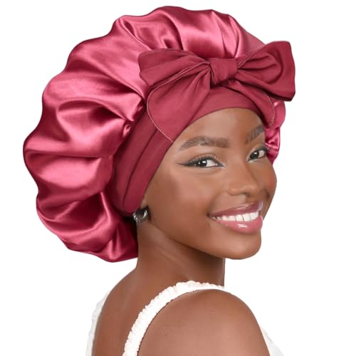 YANIBEST Adjustable Satin Bonnet for Sleeping Women Double Layer Hair Wrap Reduce Friction Prevent Frizz Natural Curly Hair, Purple Pink