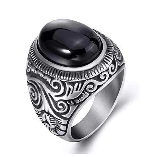 ELFASIO Men Natural Oval Black Onyx Rings Stainless Steel Ring Jewelry Size 10