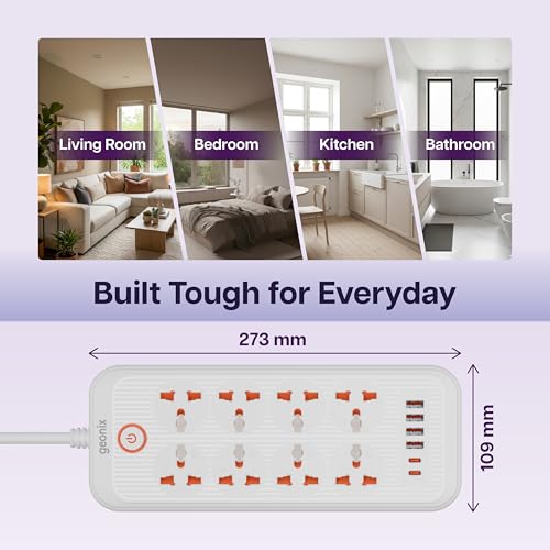 Image of Geonix PowerSpan U8 | Power Strip | Power Extension with 8 Universal Sockets, 2500W Max, 4 USB Ports, 2 C-Type Port, 10 Amps, 3 Mtr Copper Cable, Overload Surge Protection, 250 Volts (White)