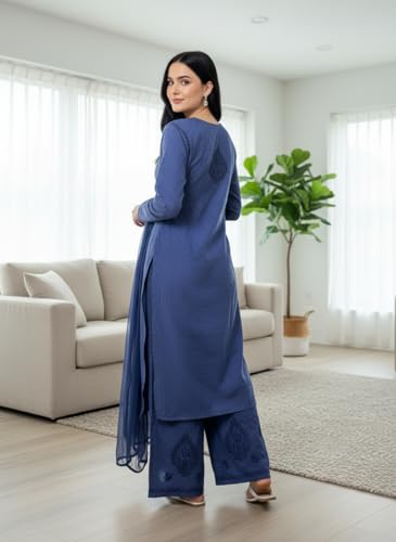 Image of Women's Lucknowi Chikankari Handwork Cotton Kurti, Palazzo and Dupatta Set