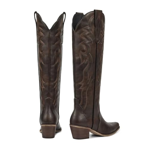 Image of wetkiss Cowboy Boots for Women Knee High, Low Heeled Stable and Comfortable | Knee High Cowgirl Boots,Western Boots with Embroidery,Pull On,Slip On,Non-slip Rubber Sole,Soft and Breathable PU Leather