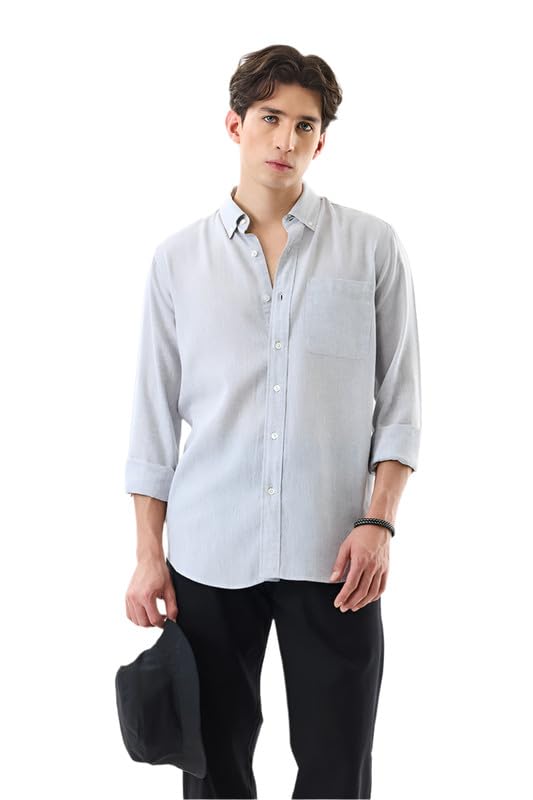 Image of SNITCH Men Casual Shirt | Regular Fit Full Sleeve Button-Down Collar Solid Pattern | Premium Linen Blend & Breathable Fabric for Everyday & Office Wear