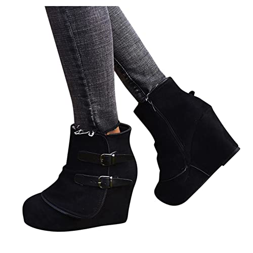 Hbeylia High Heels Boots For Women Boho Vintage Double Metal Buckle Suede Round Toe Platform Wedge Chunky Heels Ankle Booties With Side Zipper Casual Wide Mid Calf Dress Short Boots For Wedding Party