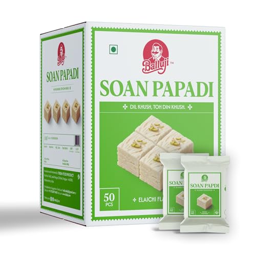 Image of Balluji Soan Papdi Elaichi 900g- 50 Single-Serve Pieces | Traditional Indian Sweet | Light, Flaky & Melt-in-Mouth | Ideal for Events, Gifting & Festive Occasions (Cardamom)