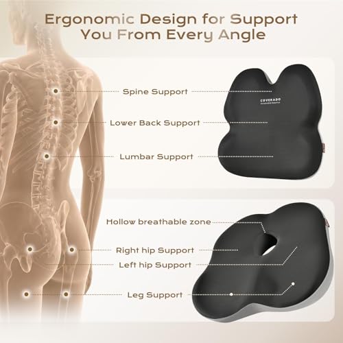 Image of Coverado Car Seat Cushion And Lumbar Support Pillow for Office Chair,Desk Chair, Wheelchair, Gaming Chair, Car, Airplane, Washable Ergonomic Memory Foam Pillow Back Cushions & Seat Cushions Gray&Black