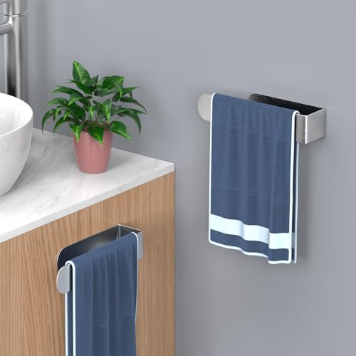 Image of HUFEEOH 2 Pack Adhesive Hand Towel Holder, Sticky Towel Bar Towel Holder Wall Mounted, Stainless Steel Kitchen Towel Holder Hand Towel Rack for Bahtroom Hotel RV Kitchen (Silver)