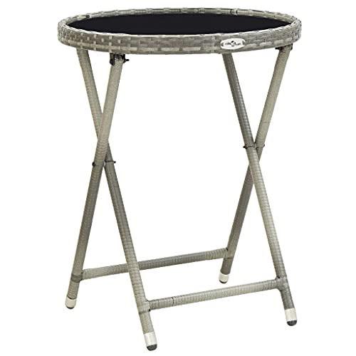 Mokuyary Mesa auxiliar gris de 60 cm de polirratán y cristal templado, mesa de jardín, balcón, mesa de comedor, mesa de exterior, mesa de fiesta para jardín, terraza, balcón
