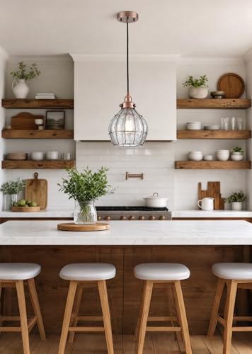 Image of YUBOLE Kitchen Pendant Light Red Antique Copper with Cracked Glass Shade